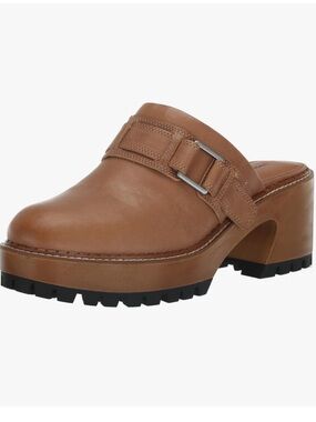 Lucky Brand Rishona Tan Leather Platform Clogs Block Heel & Lug Sole Size 10